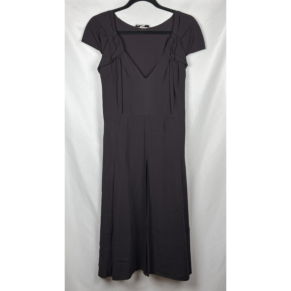 Prada 2007 Archival Brown Crepe V-Neck Midi Dress IT 42 US 6-8 A-Line Flare Luxe
